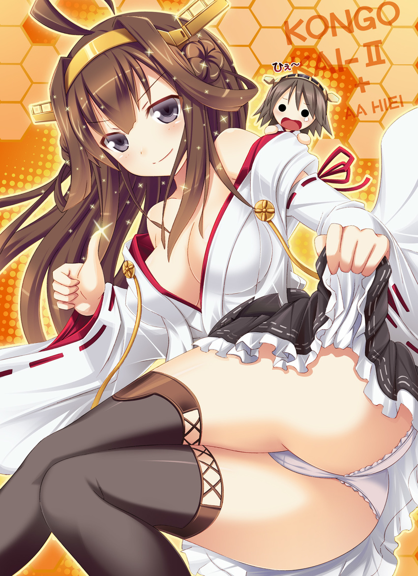 &gt;:) ahoge bare_shoulders black_eyes black_legwear boots breasts brown_hair character_name chibi cleavage detached_sleeves double_bun frilled_skirt frills hairband hiei_(kantai_collection) highres honeycomb_(pattern) honeycomb_background japanese_clothes kantai_collection kongou_(kantai_collection) long_hair medium_breasts multiple_girls nontraditional_miko open_mouth ribbon-trimmed_sleeves ribbon_trim short_hair skirt skirt_lift smile solid_circle_eyes sparkle thigh_boots thighhighs thumbs_up usaginezumi v-shaped_eyebrows