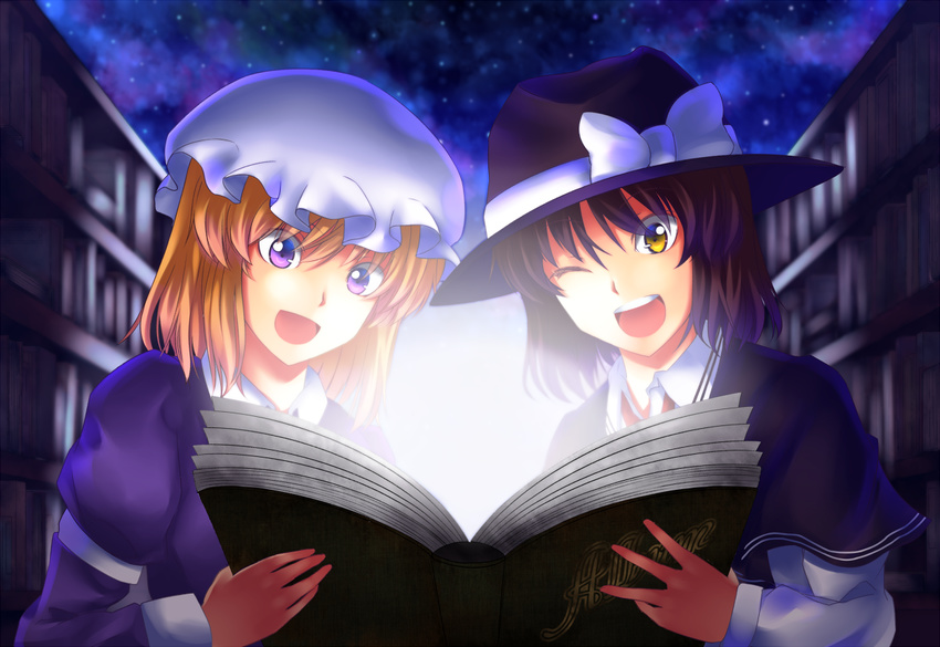 blonde_hair book bow brown_eyes brown_hair hat library maribel_hearn multiple_girls necktie one_eye_closed open_mouth photo_album purple_eyes ribbon short_hair star_(sky) touhou usami_renko vegas_(akg) yellow_eyes