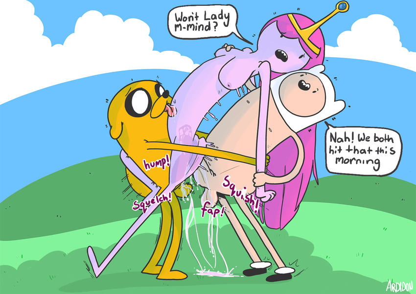 adventure_time ardidon_(artist) balls breasts canine cum dialog dog female finn_the_human group group_sex human jake_the_dog male mammal nipples penetration penis princess_bubblegum sex text threesome