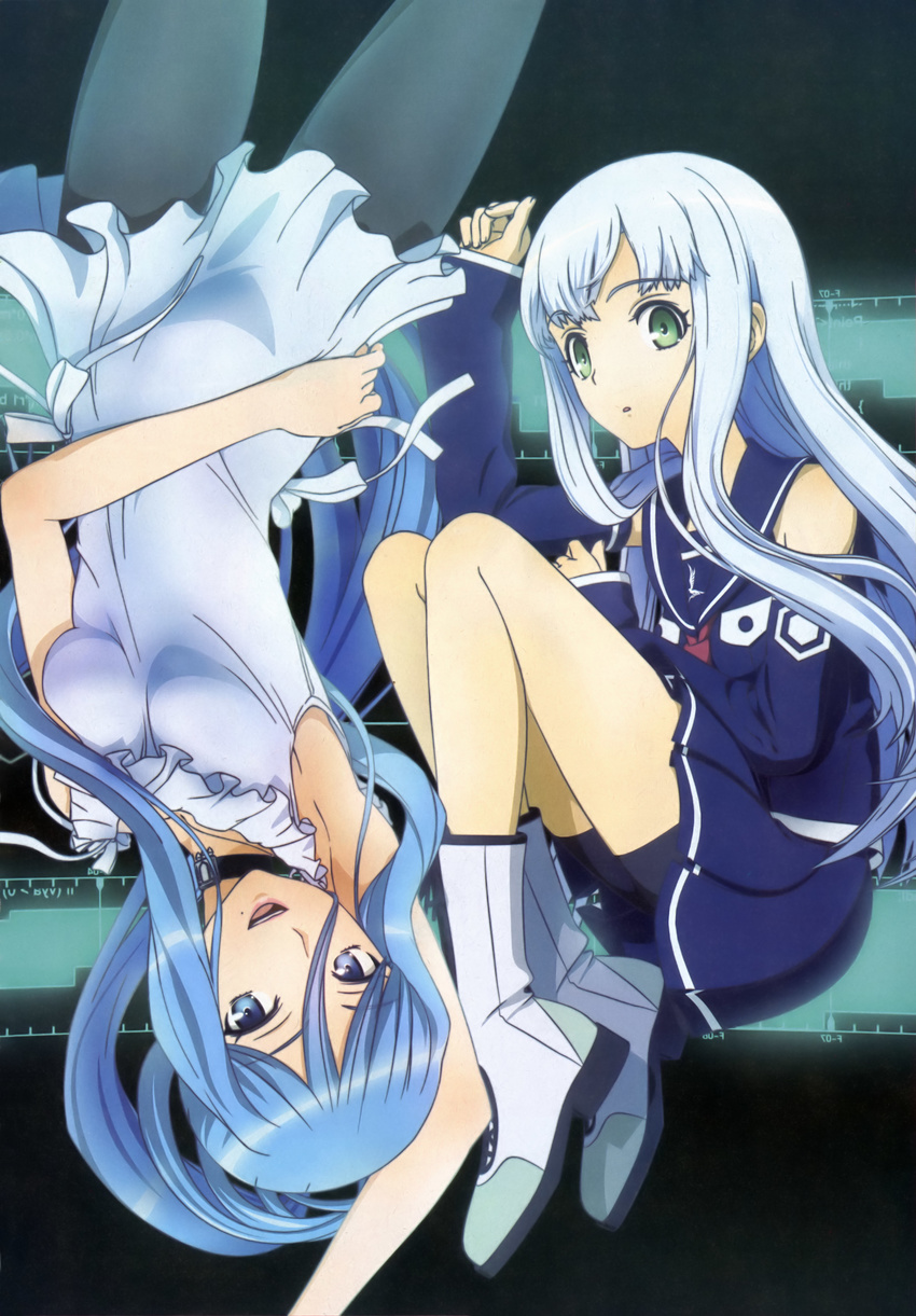 absurdres aoki_hagane_no_arpeggio blue_eyes blue_hair boots choker detached_sleeves dress green_eyes highres iona legs long_hair mole mole_under_mouth multiple_girls non-web_source official_art pantyhose takao_(aoki_hagane_no_arpeggio) uniform very_long_hair