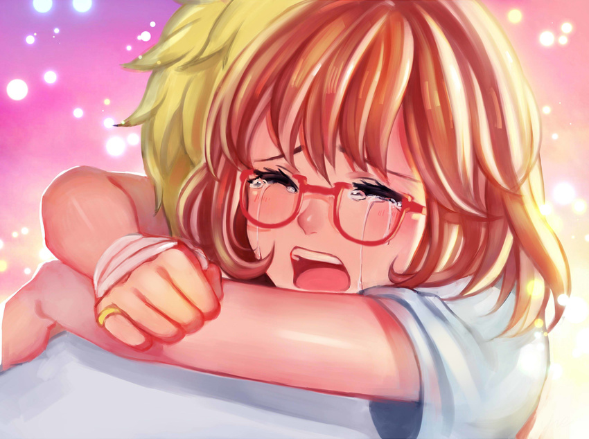 1boy 1girl crying eyes_closed glasses highres hug kanbara_akihito kuriyama_mirai kyoukai_no_kanata light_particles open_mouth tears teeth yue_(pixiv4635680)