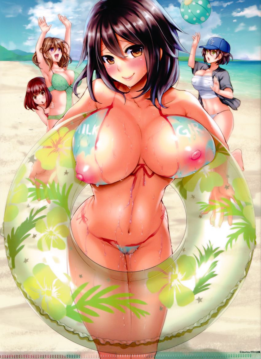 absurdres areolae arms_up artist_name ball baseball_cap beach bikini blush bodypaint breasts brown_eyes brown_hair censored cloud day doumou green_bikini green_eyes hat highres huge_breasts huge_filesize innertube jacket large_areolae large_breasts looking_at_viewer multiple_girls naked_paint naughty_face navel nipples nude open_clothes open_jacket open_mouth original outdoors painted_clothes pink_swimsuit purple_eyes pussy red_eyes red_hair sarashi scan short_hair sky smile swimsuit wet white_bikini