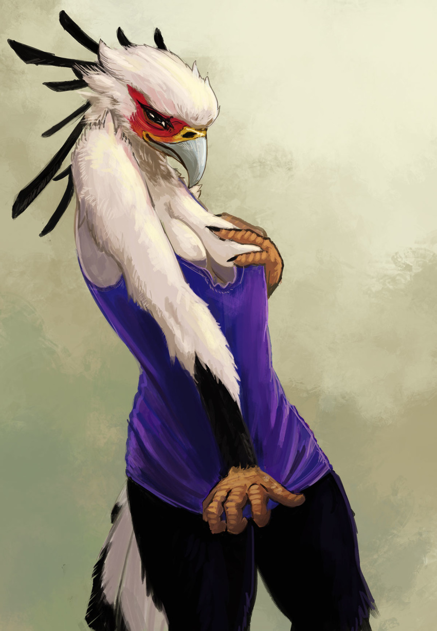 5_fingers anthro avian beak bird breast_grab breasts cleavage clothing enrin feathers female looking_at_viewer pose secretary_bird shirt_pull solo white_feathers