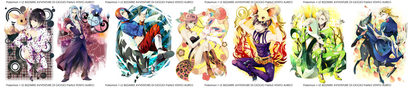 6+boys bruno_buccellati chandelure crossover eevee fennekin gen_1_pokemon gen_5_pokemon gen_6_pokemon giorno_giovanna guido_mista highres jojo_no_kimyou_na_bouken kainesato leone_abbacchio long_image multiple_boys narancia_ghirga pannacotta_fugo pokemon pokemon_(creature) serperior sylveon trish_una wide_image xerneas zebstrika