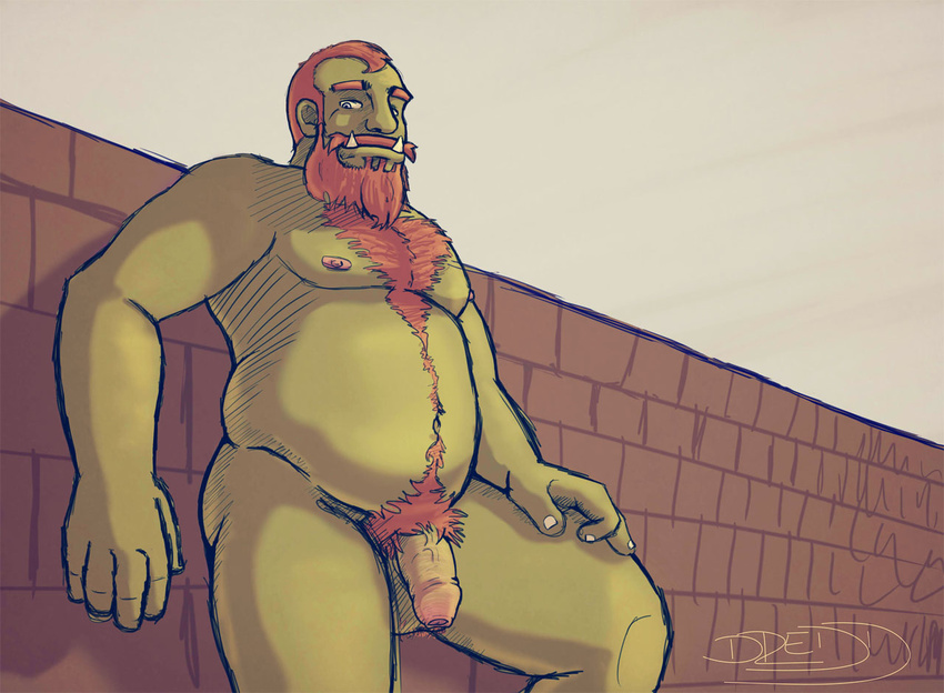 against_wall balls beard biceps body_hair chest_tuft chubby dredd facial_hair flaccid fur hairy happy_trail humanoid humanoid_penis looking_at_viewer male muscles nude orc penis pose pubes solo tuft uncut