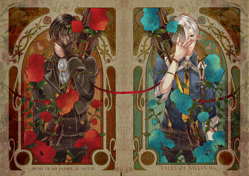 black_hair blue_flower blue_rose copyright_name cravat engrish flower green_eyes hand_on_own_face ludger_will_kresnik male_focus multicolored_hair multiple_boys necktie pants ranguage red_eyes red_flower red_rose rose smile spoilers suspenders tales_of_(series) tales_of_xillia tales_of_xillia_2 two-tone_hair victor_(tales) weapon white_hair znc