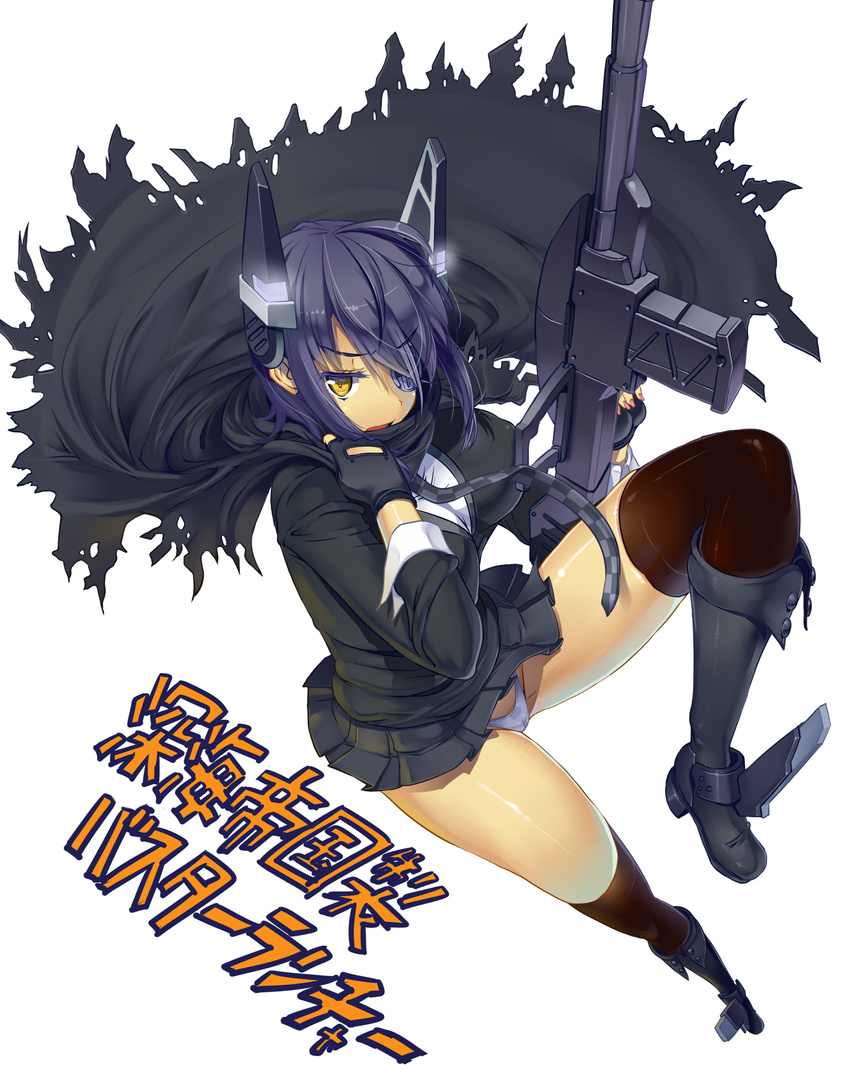 black_gloves black_hair breasts cape checkered checkered_neckwear crossbone_gundam_x-2 eyepatch fingerless_gloves gloves gun headgear highres kantai_collection looking_at_viewer medium_breasts necktie panties short_hair simple_background skirt solo tenryuu_(kantai_collection) thighhighs translated underwear uo_denim weapon white_background white_panties yellow_eyes