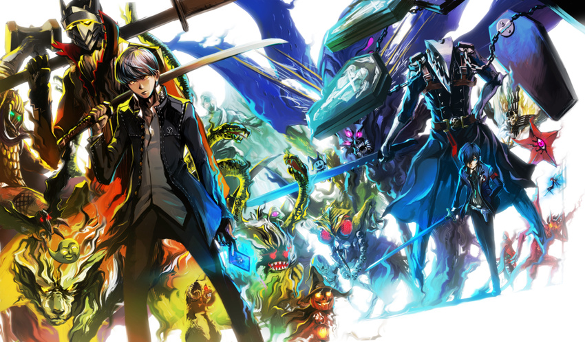 beelzebub_(megami_tensei) blue_eyes blue_hair decarabia digital_media_player gakuran grey_hair hair_over_one_eye headphones highres izanagi jack_frost kopa metatron_(megami_tensei) multiple_boys narukami_yuu nue_(megami_tensei) persona persona_3 persona_4 pixie_(megami_tensei) pyro_jack ribbon satan_(megami_tensei) school_uniform short_hair thanatos thor_(megami_tensei) trumpeter weapon yatagarasu_(megami_tensei) yuuki_makoto