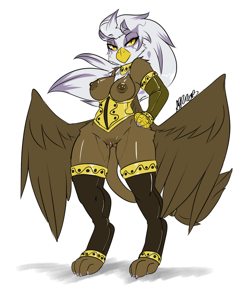 anthro anthrofied armor avante92 avian breasts brown_fur clothed clothing female friendship_is_magic fur gilda_(mlp) gryphon looking_at_viewer my_little_pony nipples pussy skimpy solo thick_thighs white_fur wide_hips wings yellow_eyes