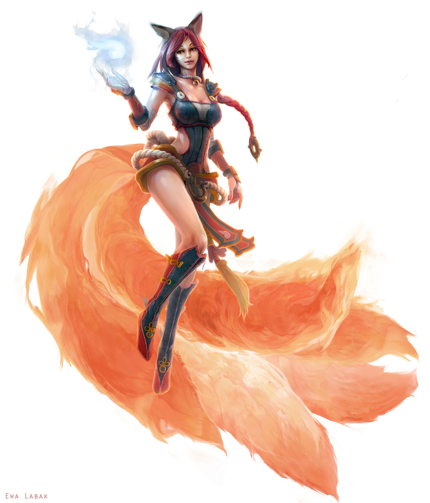 ahri alternate_costume alternate_hair_color animal_ears arm_wrap armor armored_dress armpits artist_name bell bell_collar blue_fire boots braid breasts cleavage collar ewalabak faulds fingernails fire firefox fox_ears fox_tail foxfire_ahri full_body greaves hair_ornament highres jingle_bell knee_boots large_breasts league_of_legends lips long_fingernails long_hair looking_down magic multiple_tails orange_eyes parted_lips pauldrons pelvic_curtain red_hair rope side_cutout sideboob simple_background single_braid solo tail tassel vambraces white_background wrist_wrap