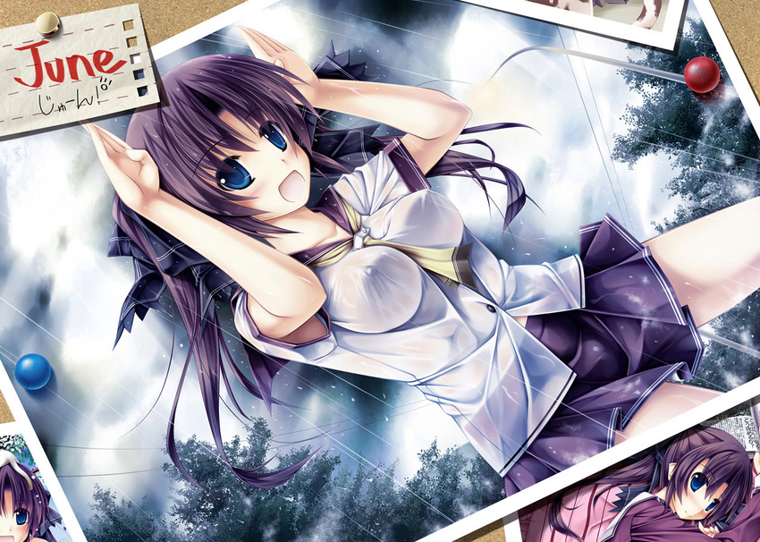 black_hair blue_eyes kai_yuuki kurisugawa_kii long_hair no_bra original photo_(object) rain solo wet wet_clothes