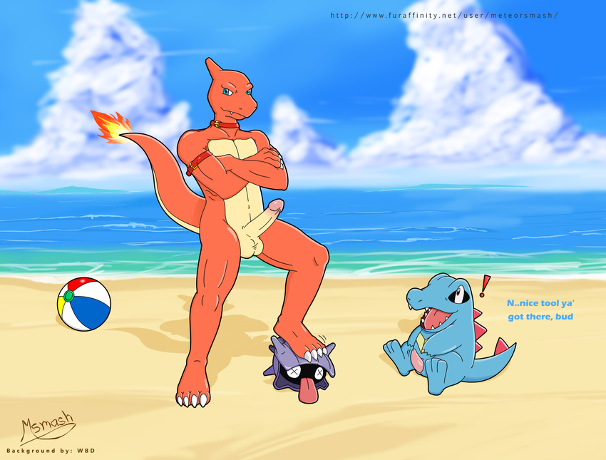 2013 4_toes alligator anthro aroused balls bands beach beach_ball blue_eyes body character charmeleon collar crossed dragon erection fire gay invalid_color invalid_tag leather lizard male meteorsmash muscles nintendo nude off paws penis pok&#233;mon pok&eacute;mon pose presenting reptile sand scalie sea seaside shell shellder showing standing stare teasing text totodile video_games water