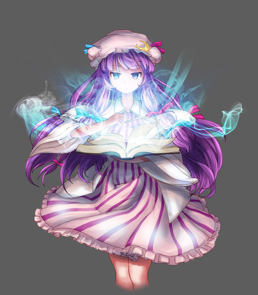 bad_id bad_pixiv_id blush book capelet crescent dress grey_background hat highres hijiwryyyyy long_hair patchouli_knowledge purple_eyes purple_hair ribbon smoke solo touhou