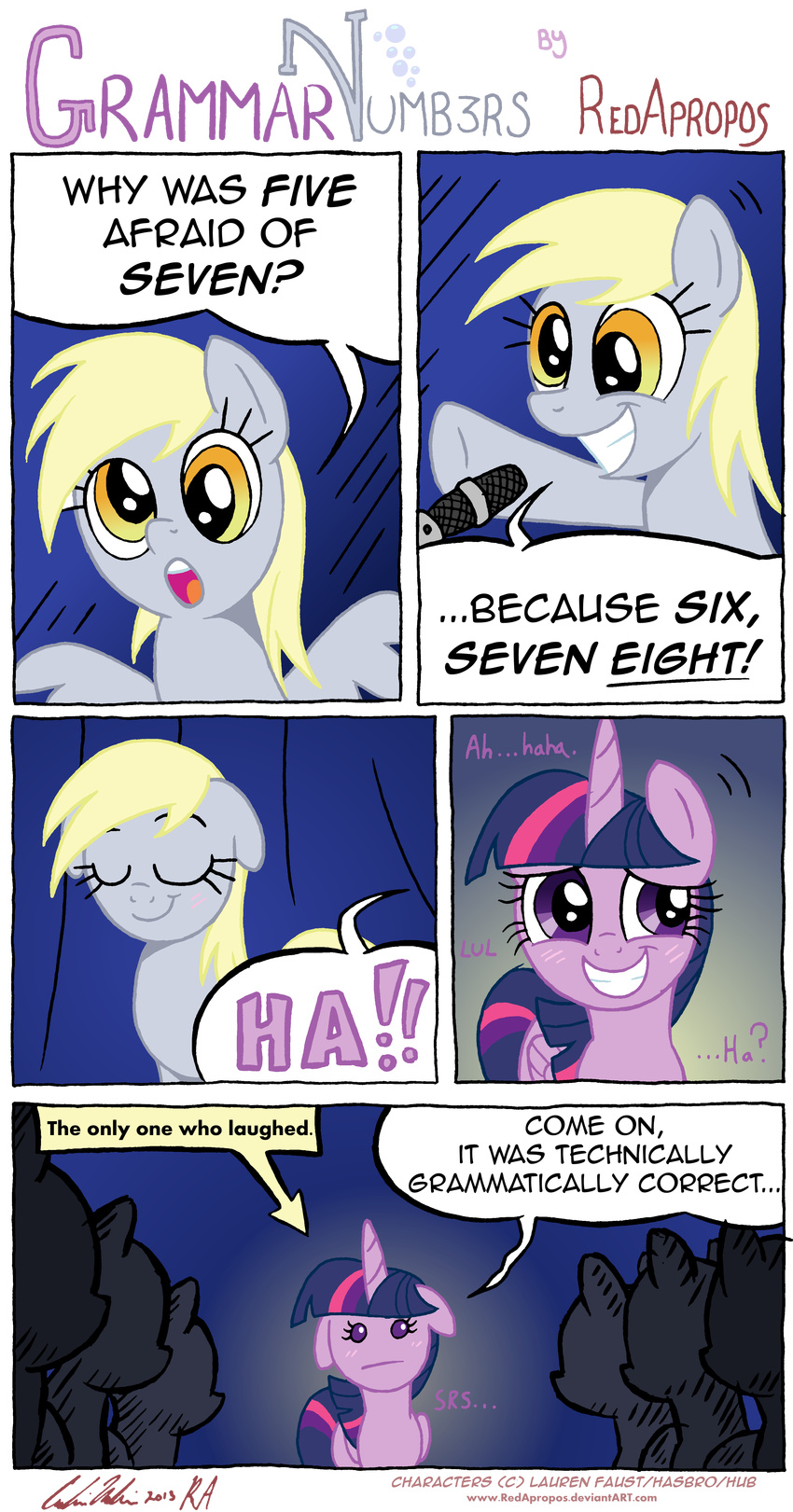 :/ absurd_res bad_joke blonde_hair blush comedian comic derp_eyes derpy_hooves_(mlp) dialog english_text equine female friendship_is_magic hair hi_res horn horse humor joke mammal multi-colored_hair my_little_pony pegasus pony purple_eyes purple_hair redapropos stand_up standing text twilight_sparkle_(mlp) winged_unicorn wings yellow_eyes