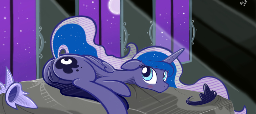 anus bedroom blue_eyes blue_fur blue_hair blush braddo crown cutie_mark equine female feral friendship_is_magic fur hair horn luna mammal my_little_pony night princess_luna_(mlp) pussy solo winged_unicorn wings