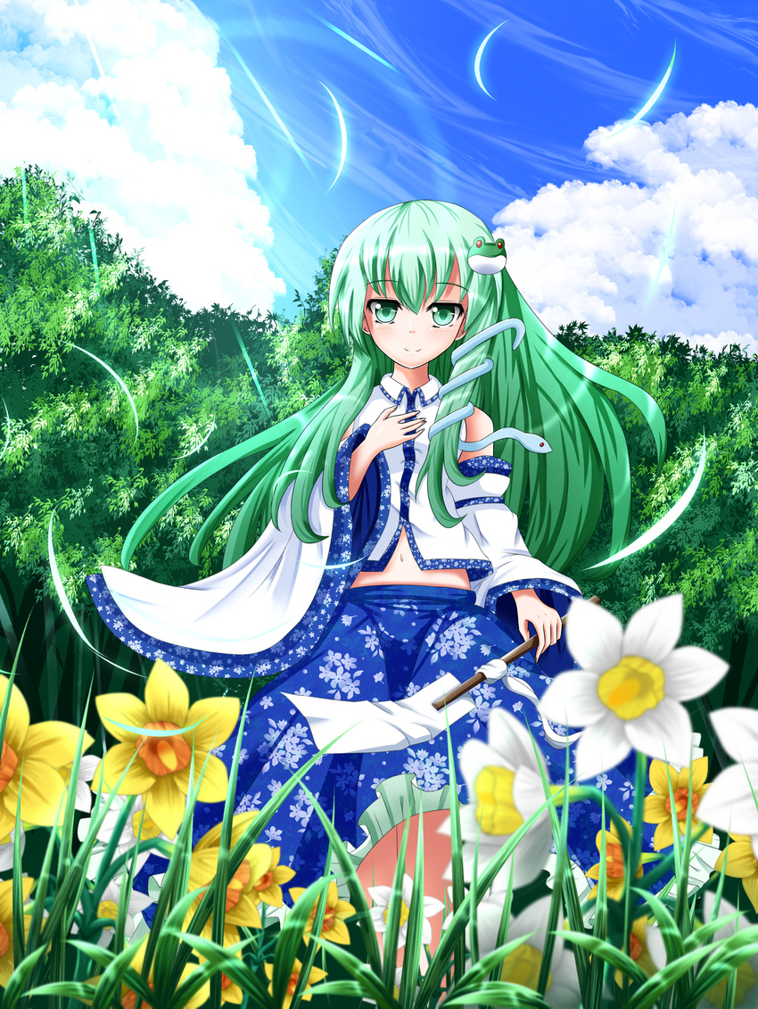 absurdres bad_id bad_pixiv_id blue_sky cloud day detached_sleeves floral_print flower forest frog_hair_ornament gohei grass green_eyes green_hair hair_ornament hand_on_own_chest highres kochiya_sanae lens_flare long_hair looking_at_viewer midriff nature navel outdoors petals sky smile snake_hair_ornament solo tasogare_(ddfftasogare) touhou