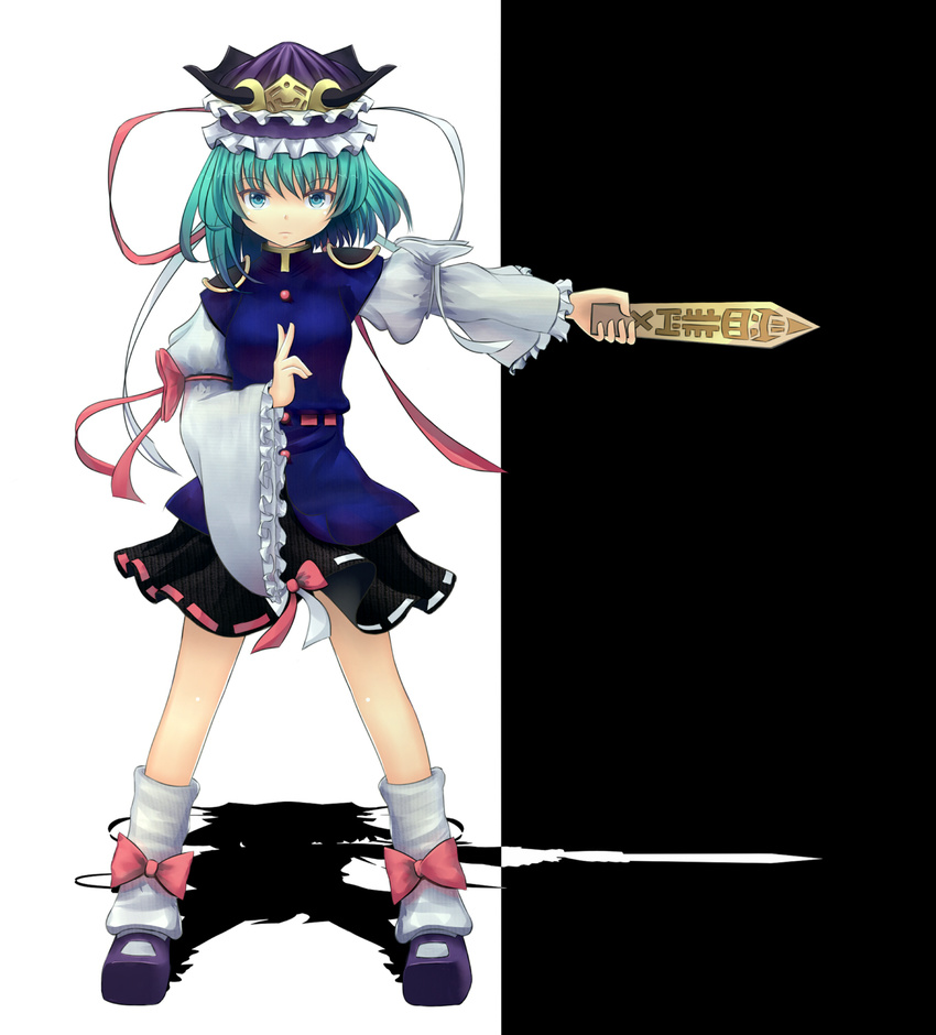 blue_eyes dress epaulettes gin_fuaru green_hair hat hat_ornament hat_ribbon highres juliet_sleeves layered_dress leg_warmers light_frown long_sleeves mary_janes outstretched_arm puffy_sleeves ribbon rod_of_remorse shiki_eiki shoes short_hair solo touhou two-tone_background