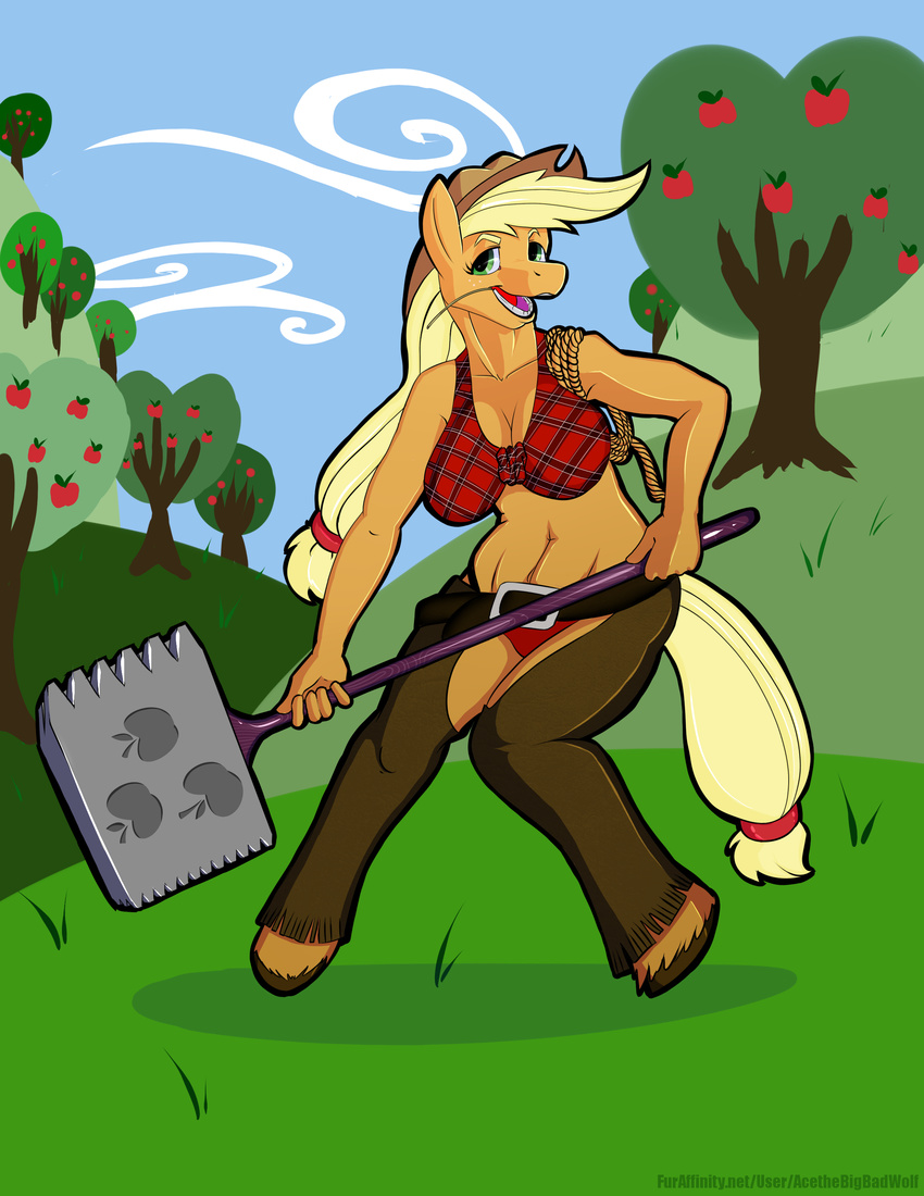 animals anthro apple applejack_(mlp) big_breasts breasts chaps cloud clouds color cutie_mark digital equine female friendship_is_magic fruit green_eyes hammer hay hills hooves horse leather mammal my_little_pony plaid pony ponytail rope smile sweet_apple_acres tree tucked_shirt underwear