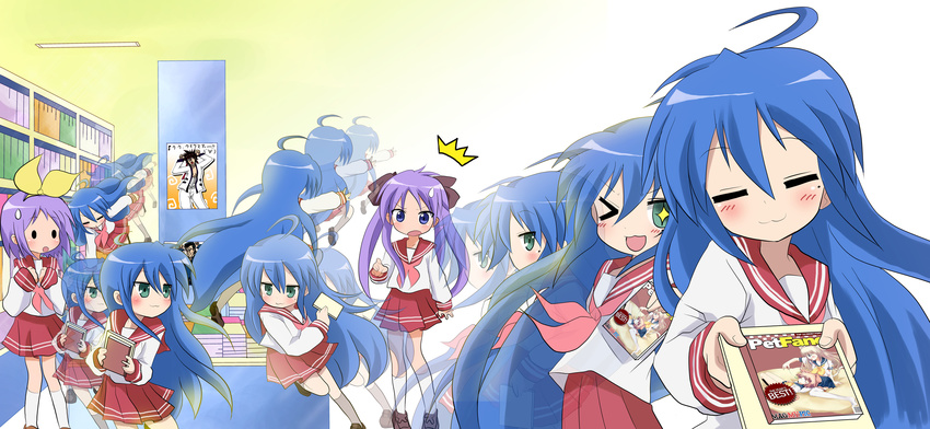 3girls :3 afterimage ahoge book caramelldansen highres hiiragi_kagami hiiragi_tsukasa izumi_konata lucky_star massala mole mole_under_eye multiple_girls one_eye_closed rurouni_kenshin ryouou_school_uniform sagara_sanosuke saitou_hajime_(rurouni_kenshin) school_uniform serafuku surprised sweatdrop