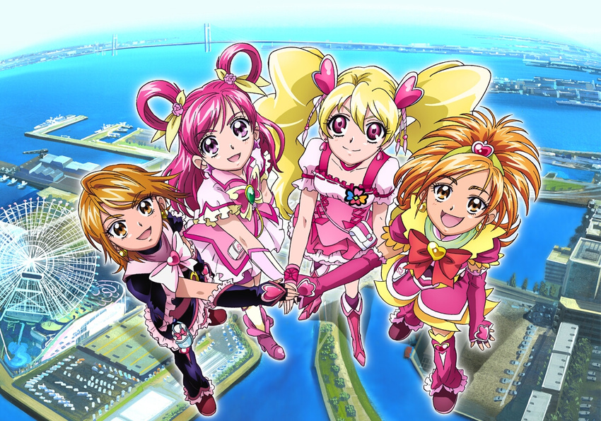 :d aoyama_mitsuru black_footwear blonde_hair boots bow brown_eyes brown_hair choker cosmo_clock_21 cure_black cure_bloom cure_dream cure_peach eyelashes ferris_wheel fresh_precure! futari_wa_precure futari_wa_precure_splash_star hair_ornament heart heart_hair_ornament hyuuga_saki knee_boots magical_girl misumi_nagisa momozono_love multiple_girls official_art open_mouth pink_bow pink_choker pink_eyes pink_footwear pink_hair precure precure_all_stars real_world_location smile yes!_precure_5 yokohama yumehara_nozomi