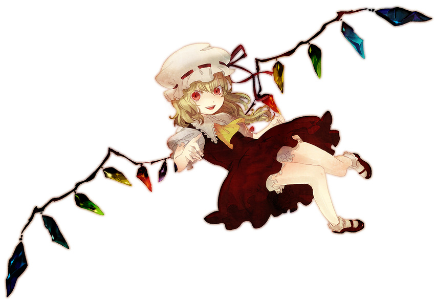 ascot bad_id bad_pixiv_id blonde_hair bloomers dress flandre_scarlet frilled_shirt_collar frills hat hat_ribbon kunimitsu mary_janes mob_cap open_mouth pointing pointing_at_viewer puffy_short_sleeves puffy_sleeves red_dress red_eyes red_ribbon ribbon shoes short_sleeves simple_background socks solo teeth touhou underwear white_background white_hat wings yellow_neckwear