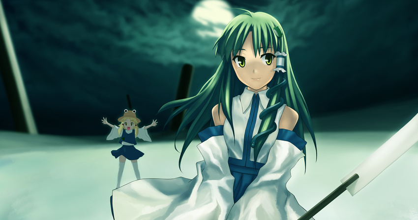 bad_id bad_pixiv_id bare_shoulders blight_essence blonde_hair detached_sleeves green_eyes green_hair kochiya_sanae long_sleeves looking_at_viewer moriya_suwako multiple_girls outstretched_arms pillar touhou upper_body