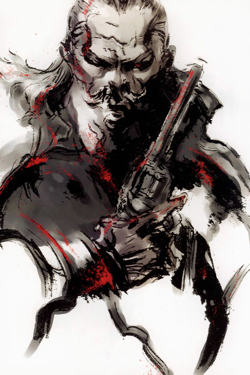 colt_saa facial_hair gloves gun handgun highres long_hair male_focus metal_gear_(series) metal_gear_solid mustache official_art revolver revolver_ocelot shinkawa_youji solo weapon white_hair