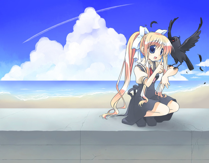 air animal_on_arm bad_id bad_pixiv_id beach bird bird_on_arm blonde_hair blue_eyes cloud crow day feathers hair_ribbon kamio_misuzu long_hair nekono_osero ocean outdoors ponytail ribbon school_uniform sky solo sora_(air) very_long_hair water