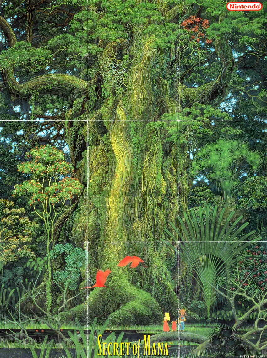 1girl 1other bird crane_(animal) crease giant_poster highres isono_hiroo nature official_art oldschool popoi poster primm randi scan scan_artifacts seiken_densetsu seiken_densetsu_2 square tree