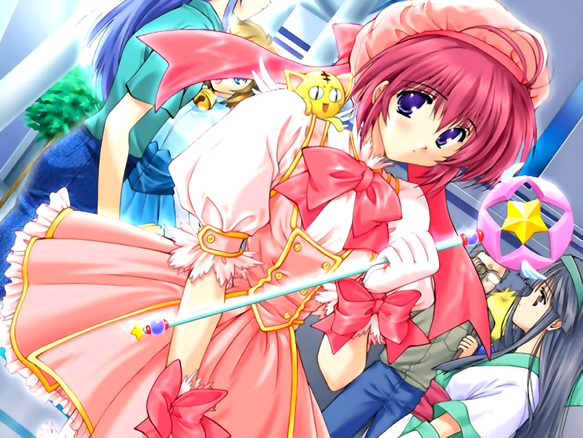 4girls card_master_peach cardcaptor_sakura comic_party cosplay game_cg hat hoshi_no_tsue kinomoto_sakura kinomoto_sakura_(cosplay) magical_girl mitsumi_misato multiple_girls pink_hat red_hair takase_mizuki wand