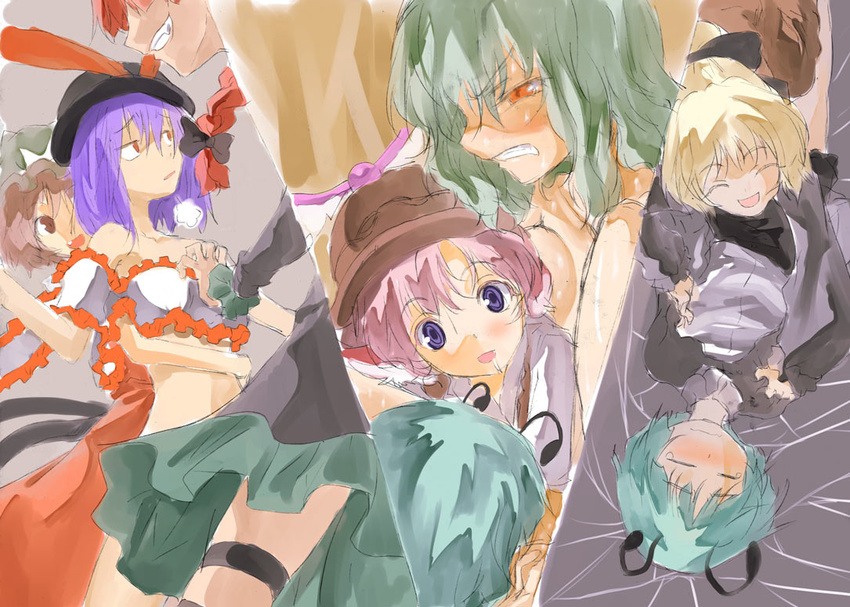 :/ antennae blonde_hair bored braid breasts brown_eyes brown_hair cat_tail chen clenched_teeth closed_eyes dress fang frills green_hair hat hat_ribbon kaenbyou_rin kazami_yuuka kurodani_yamame lying medium_breasts multiple_girls multiple_tails mystia_lorelei nagae_iku open_mouth pink_hair pollination purple_eyes purple_hair red_eyes red_hair ribbon saliva short_hair silk smile spider_web tail tears teeth touhou wavy_mouth wriggle_nightbug yohane you_gonna_get_raped yuri