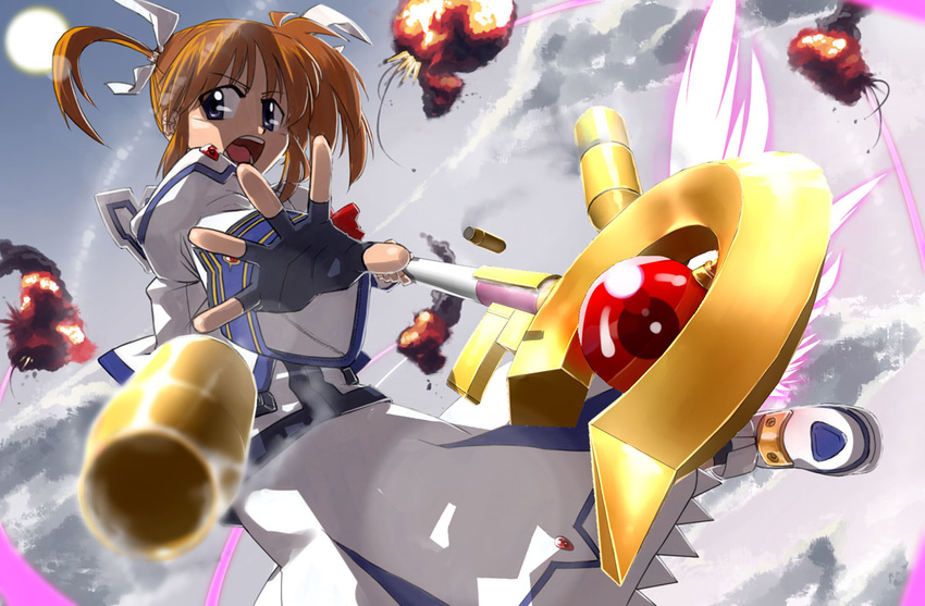 action aerial_battle battle boots bow cartridge casing_ejection explosion fingerless_gloves flying gloves hair_ribbon kida_sougetsu lyrical_nanoha magazine_(weapon) magical_girl mahou_shoujo_lyrical_nanoha mahou_shoujo_lyrical_nanoha_a's purple_eyes raising_heart red_bow red_hair ribbon shell_casing shoes short_hair short_twintails solo takamachi_nanoha twintails white_devil winged_shoes wings