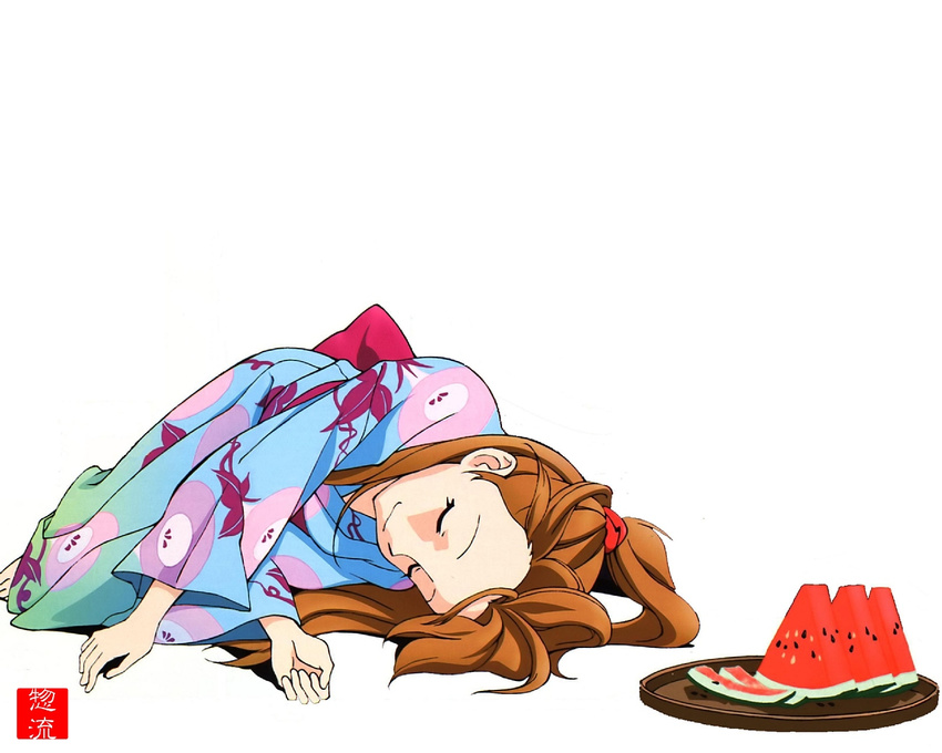 artist_request blue_kimono food fruit japanese_clothes kimono multicolored multicolored_clothes multicolored_kimono neon_genesis_evangelion sleeping solo source_request souryuu_asuka_langley watermelon yukata