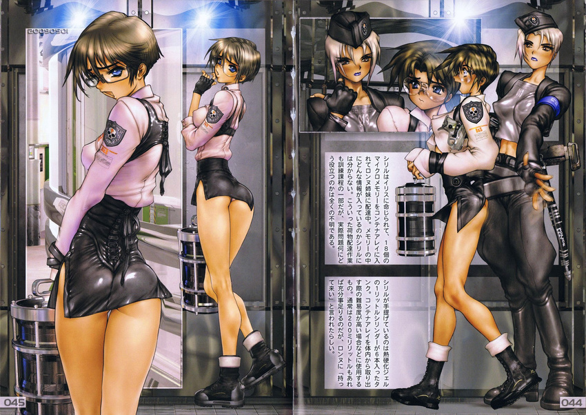 ass beret black_hair blue_eyes boots breasts brown_hair cyril_brooklyn fingerless_gloves galgrease galhound glasses gloves hat highres jewelry looking_at_viewer looking_back medium_breasts naughty_face open_mouth shiny shiny_skin shirou_masamune short_hair silver_hair skinny skirt smile translation_request uniform