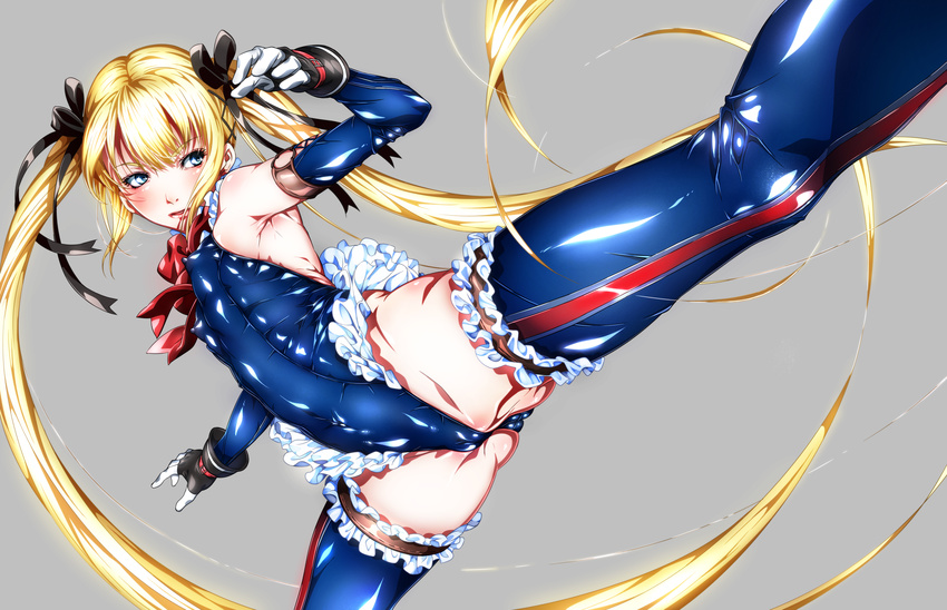 absurdres armpits bangs blonde_hair blue_eyes blue_legwear blue_leotard blush body_blush breasts buckle cameltoe covered_nipples crotch dead_or_alive dead_or_alive_5 elbow_gloves floating_hair foreshortening frilled_legwear frilled_leotard frills gloves grey_background groin hair_ribbon highleg highleg_leotard highres kicking leotard long_hair low_twintails marie_rose niko_(tama) open_mouth outstretched_arms ribbon shiny shiny_clothes simple_background single_vertical_stripe skin_tight small_breasts solo spread_arms spread_legs thighhighs twintails very_long_hair