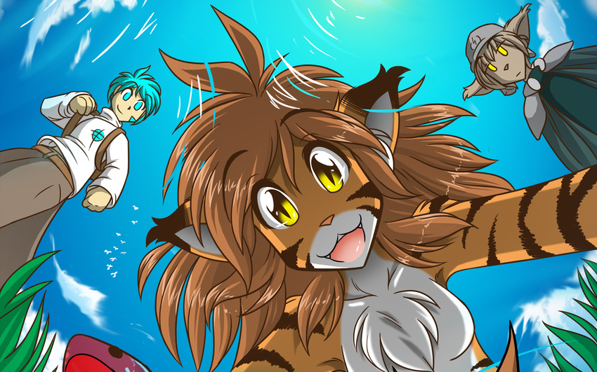 breasts feline female fish flora_(twokinds) group keidran keith_keiser koi male mammal marine pond reflection tiger tom_fischbach trace_legacy twokinds wallpaper water