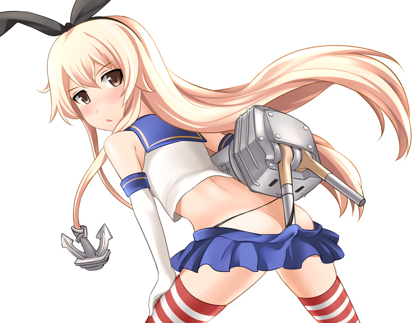 anchor black_panties blonde_hair blush brown_eyes elbow_gloves gloves hair_ornament hairband highres kantai_collection long_hair looking_at_viewer looking_back panties panty_lift rensouhou-chan shimakaze_(kantai_collection) skirt solo striped striped_legwear thighhighs underwear white_gloves yoshimo