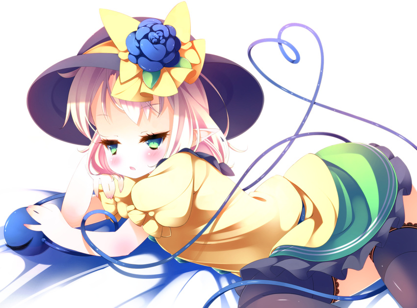 black_legwear blush bow elbow_rest green_eyes hat hat_bow komeiji_koishi lying no_nose on_side pointy_ears solo third_eye touhou white_hair zefa_(neoaltemice)