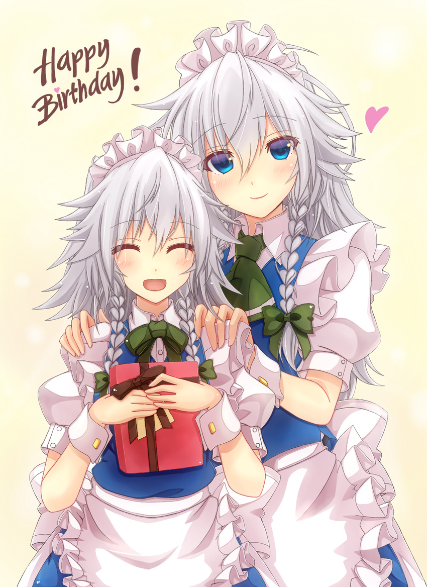 age_difference apron ascot blue_eyes bow braid closed_eyes dual_persona hair_bow hands_on_another's_shoulders happy_birthday heart highres izayoi_sakuya maid maid_apron maid_headdress mickey_dunn multiple_girls open_mouth puffy_short_sleeves puffy_sleeves short_sleeves silver_hair smile time_paradox touhou twin_braids wrist_cuffs
