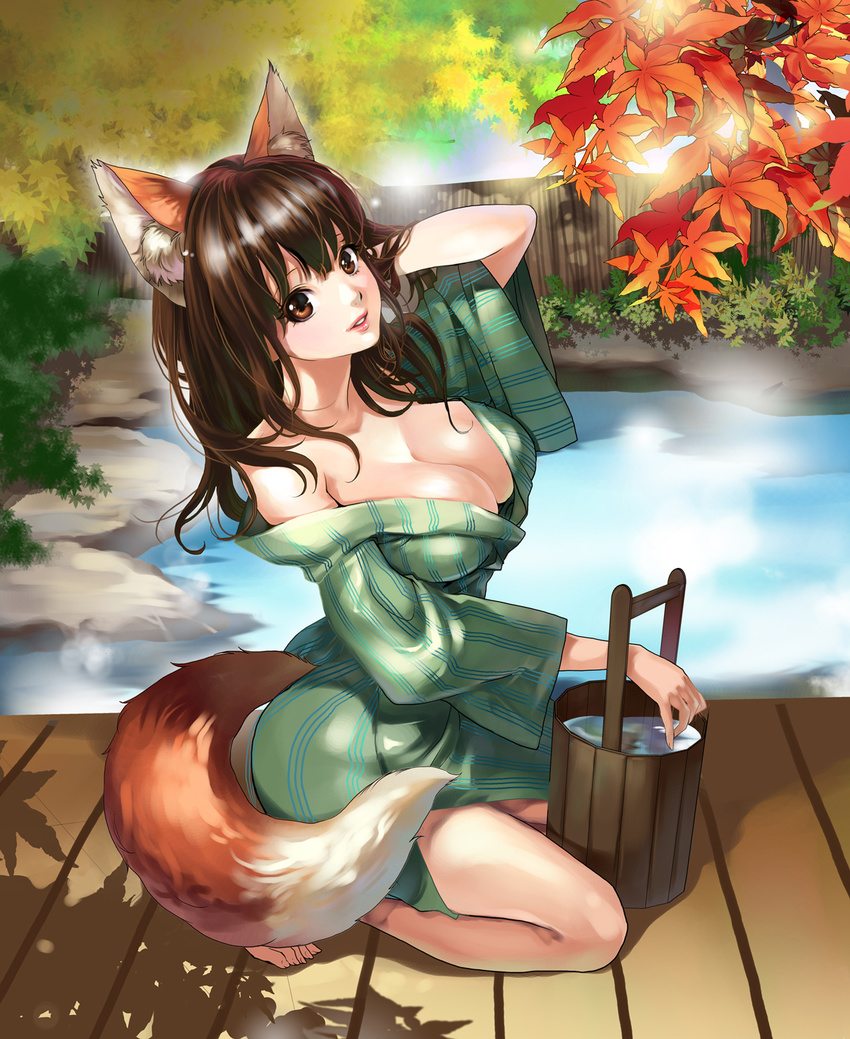 adjusting_hair animal_ears autumn barefoot bath_yukata blush breasts bridge brown_eyes brown_hair bucket chushengdao fox_ears fox_tail green_kimono highres japanese_clothes kimono kneeling large_breasts leaf lips long_hair looking_at_viewer million_arthur_(series) off_shoulder onsen open_clothes parted_lips shadow solo steam tail wooden_bucket yukata