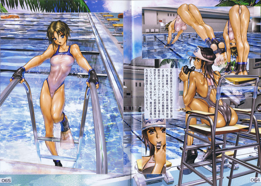 ass blue_eyes breasts brown_hair chair cyril_brooklyn fingerless_gloves galgrease galhound gloves hat highres legs looking_at_viewer looking_back marina_hayami medium_breasts multiple_girls pool shiny shiny_skin shirou_masamune short_hair swimsuit translation_request water