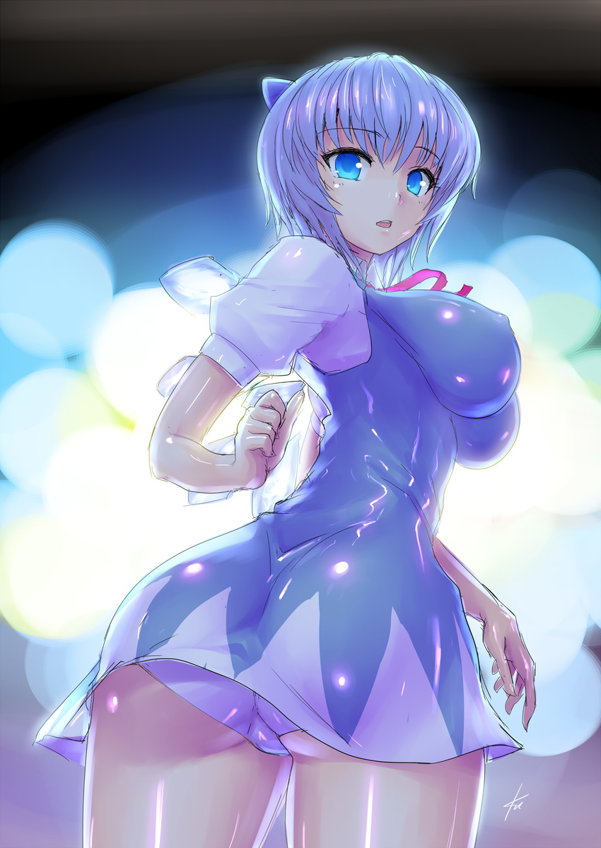 absurdres ass blue_eyes blue_hair breasts cirno covered_nipples curvy dress ebizome from_behind highres impossible_clothes impossible_dress large_breasts looking_back older open_mouth panties shiny shiny_clothes shiny_skin skin_tight smile solo touhou underwear wide_hips wings