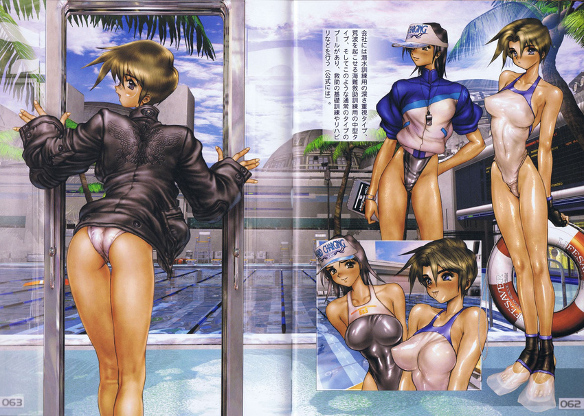 blue_eyes breasts brown_hair cyril_brooklyn fingerless_gloves galgrease galhound glasses gloves hat highres jacket large_breasts looking_at_viewer looking_back marina_hayami multiple_girls pool shiny shiny_skin shirou_masamune short_hair swimsuit translation_request water