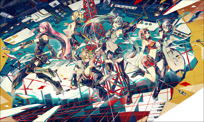 hatsune_miku kagamine_len kagamine_rin kaito megurine_luka meiko microphone vocaloid yuuichi_(bobobo)