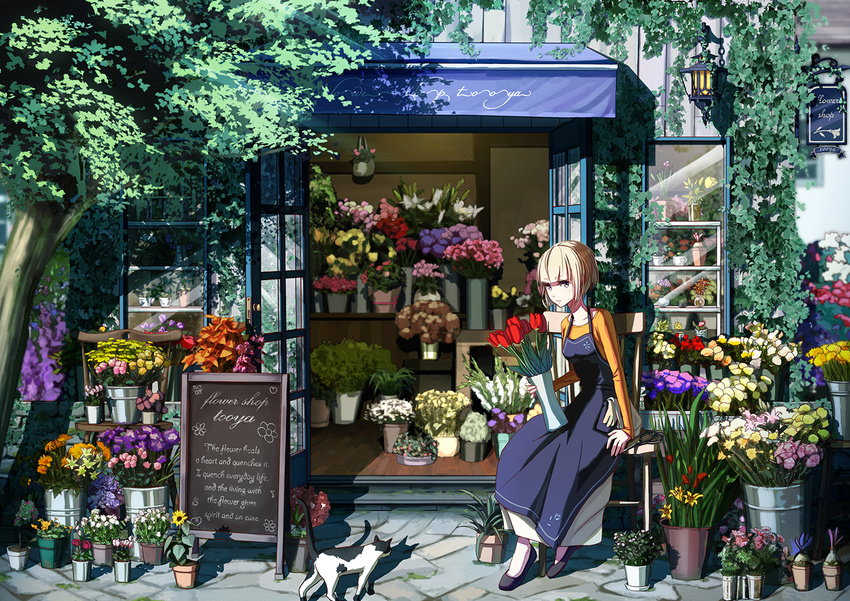 1girl blonde_hair cat engrish flower flower_shop original plant ranguage rose shop short_hair sitting sunlight tree vase