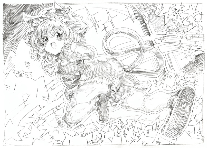 animal_ears ass cat cat_ears cat_tail chen colored_pencil_(medium) dress ear_piercing greyscale hat highres jewelry looking_at_viewer mob_cap monochrome multiple_tails nekomata open_mouth oshake piercing single_earring smile solo star tail too_many too_many_cats touhou traditional_media |_|