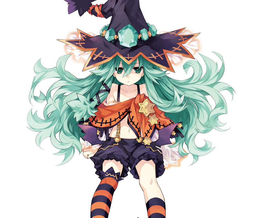 :&lt; bat_wings child date_a_live flat_chest gem green_eyes green_hair hat highres long_hair natsumi_(date_a_live) navel simple_background solo star striped striped_legwear thighhighs triangle_mouth tsunako white_background wings witch_hat younger