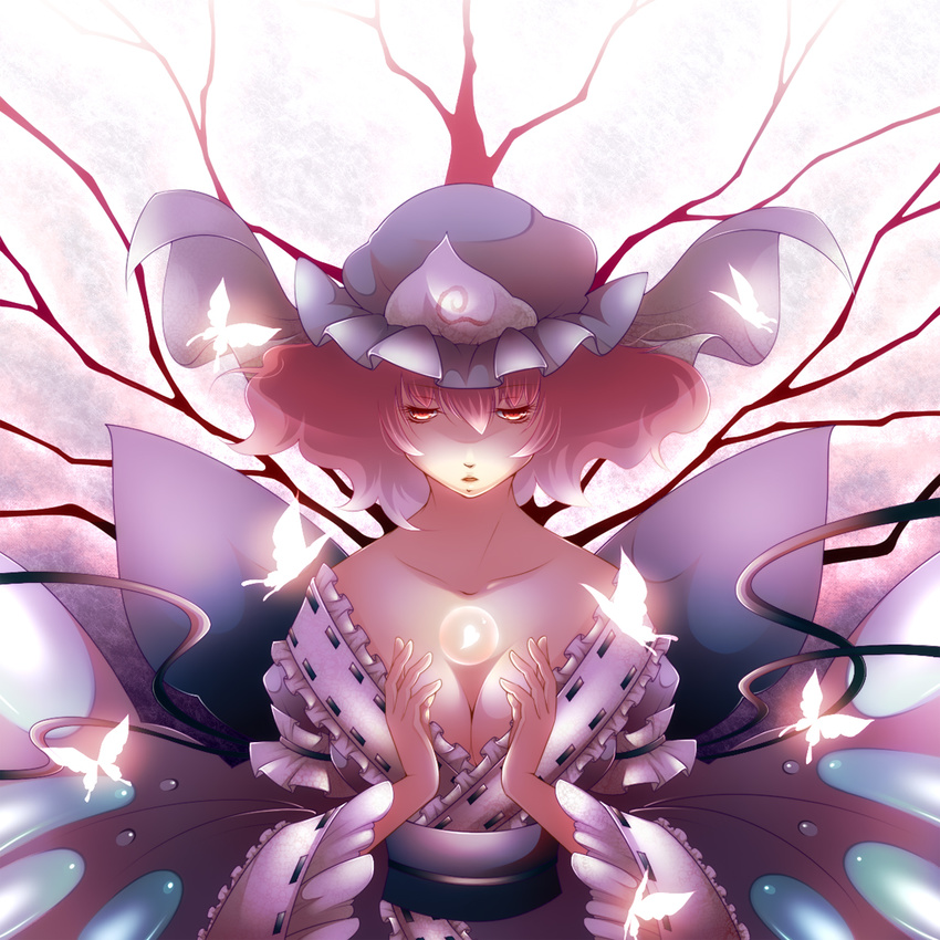 breasts bug butterfly cleavage collarbone dress frills glowing insect japanese_clothes large_breasts lips pink_eyes pink_hair pomeko_(13521433) saigyouji_yuyuko solo touhou triangular_headpiece