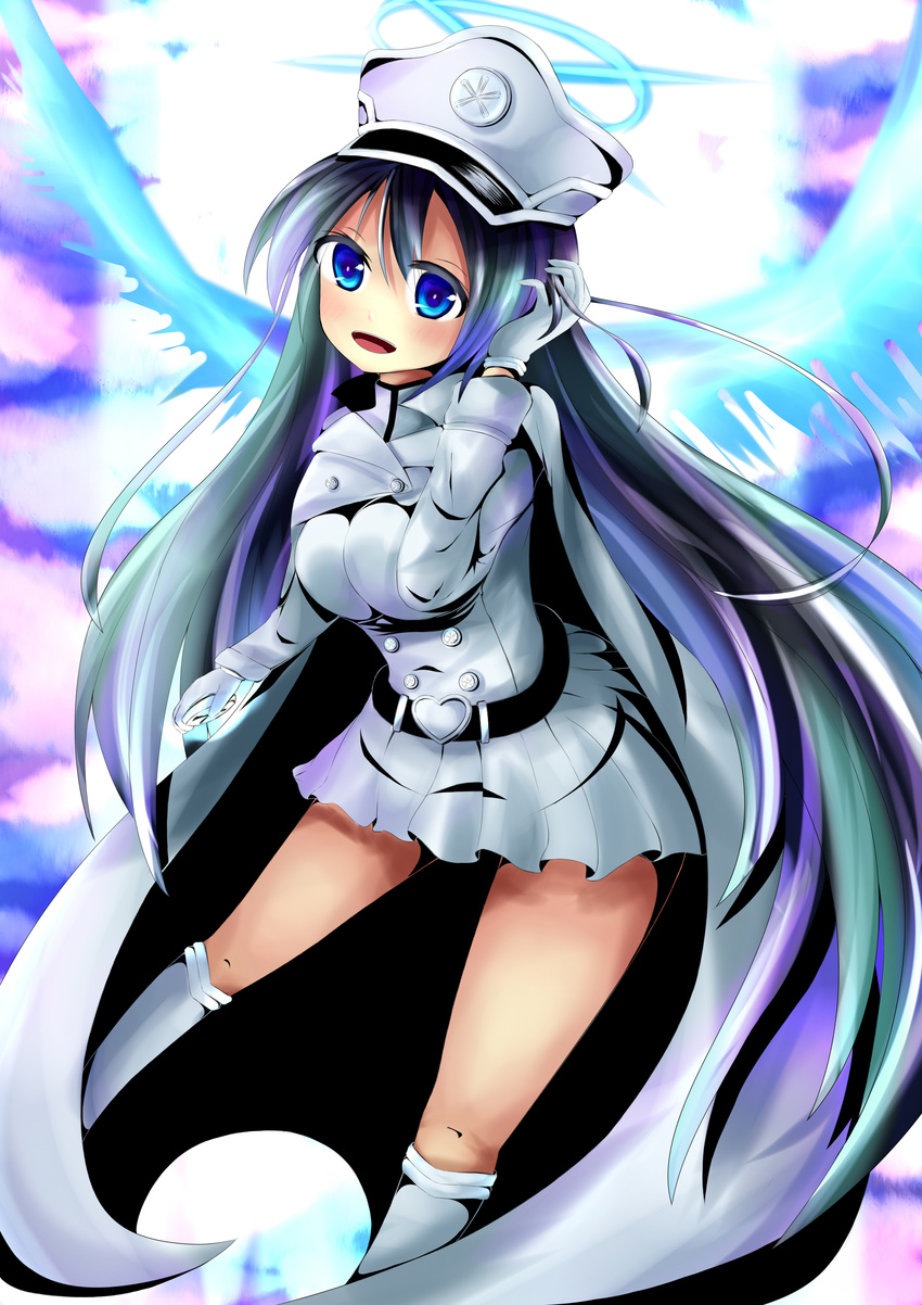 1girl absurdres bambietta_basterbine belt black_hair bleach bleach:_the_thousand-year_blood_war blue_eyes blush cape gloves halo hand_in_hair hat heart highres kuruisituki long_hair looking_at_viewer military military_uniform open_mouth peaked_cap skirt smile solo standing thighs uniform very_long_hair wings