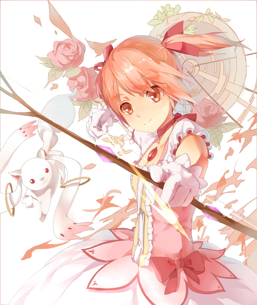 arrow bow_(weapon) brown_eyes dress flower gloves hair_ribbon highres holding holding_weapon huanxiang_heitu kaname_madoka kyubey looking_at_viewer mahou_shoujo_madoka_magica pink_hair red_ribbon ribbon short_hair smile twintails weapon white_gloves